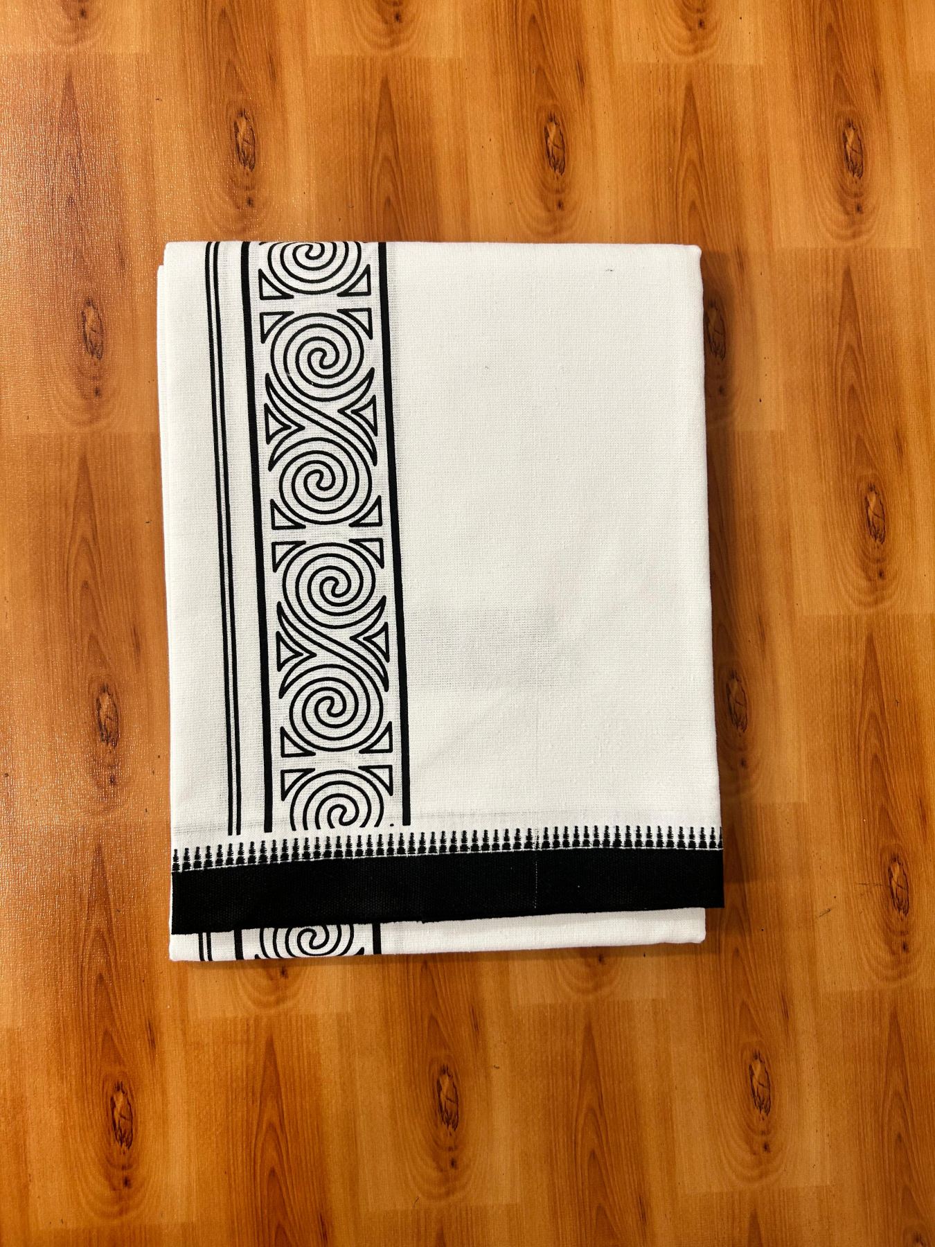 Kaitharikada - Single Kaily / Lungi - Mixed Cotton - 40s twisted - 3 inch Black Printed Design Kuppadam kara with White colour body (2 meter / 4 muzham) - 7 KK8069 GAN