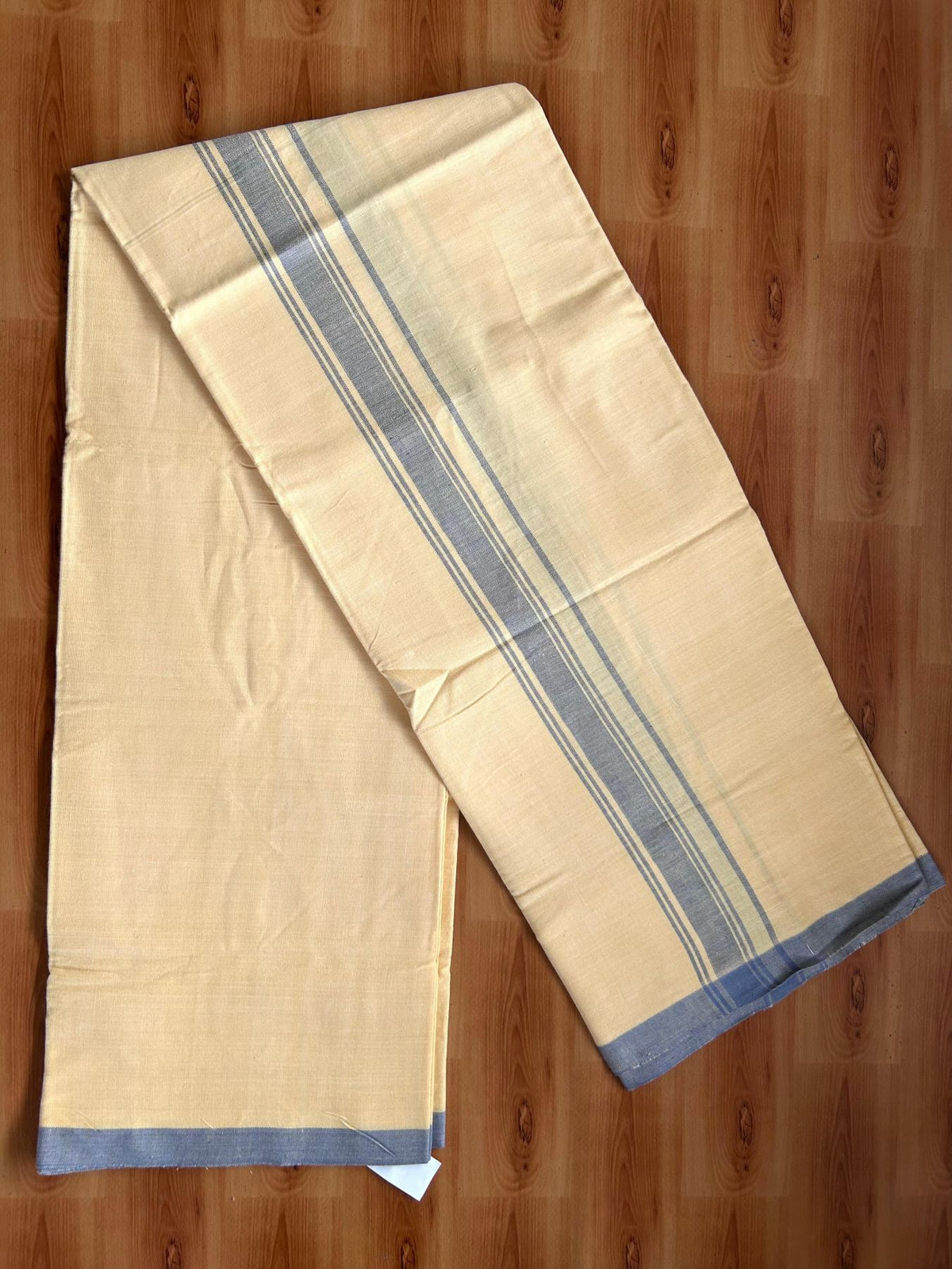 Kannur Kavi Dhoti - KaithariKada Kerala Handloom Single Mundu/Dhoti - 100% Pure Cotton 2/40x26s Thread - Kannur Yellow colour Body 1.25 inch Ash Blue shaded striped Kara - 4 KK8078 KAL