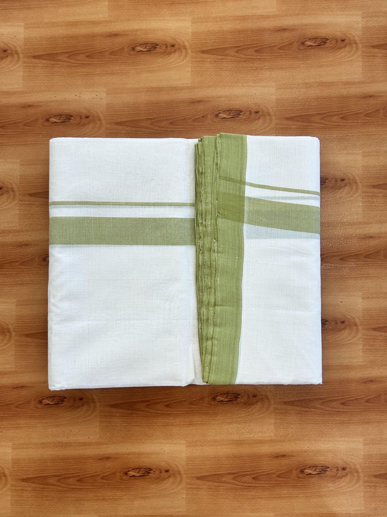 Double Off White (Unbleached) Mundu/Dhoti - 25% Discount!! KaithariKada Handloom Unakkupaav - Kerala Handloom - 100% Pure Cotton - 100x80 - 1 inch Olive Yellow Shaded Kara 3.80 meter (8 muzham) - 43 KK5436 REA