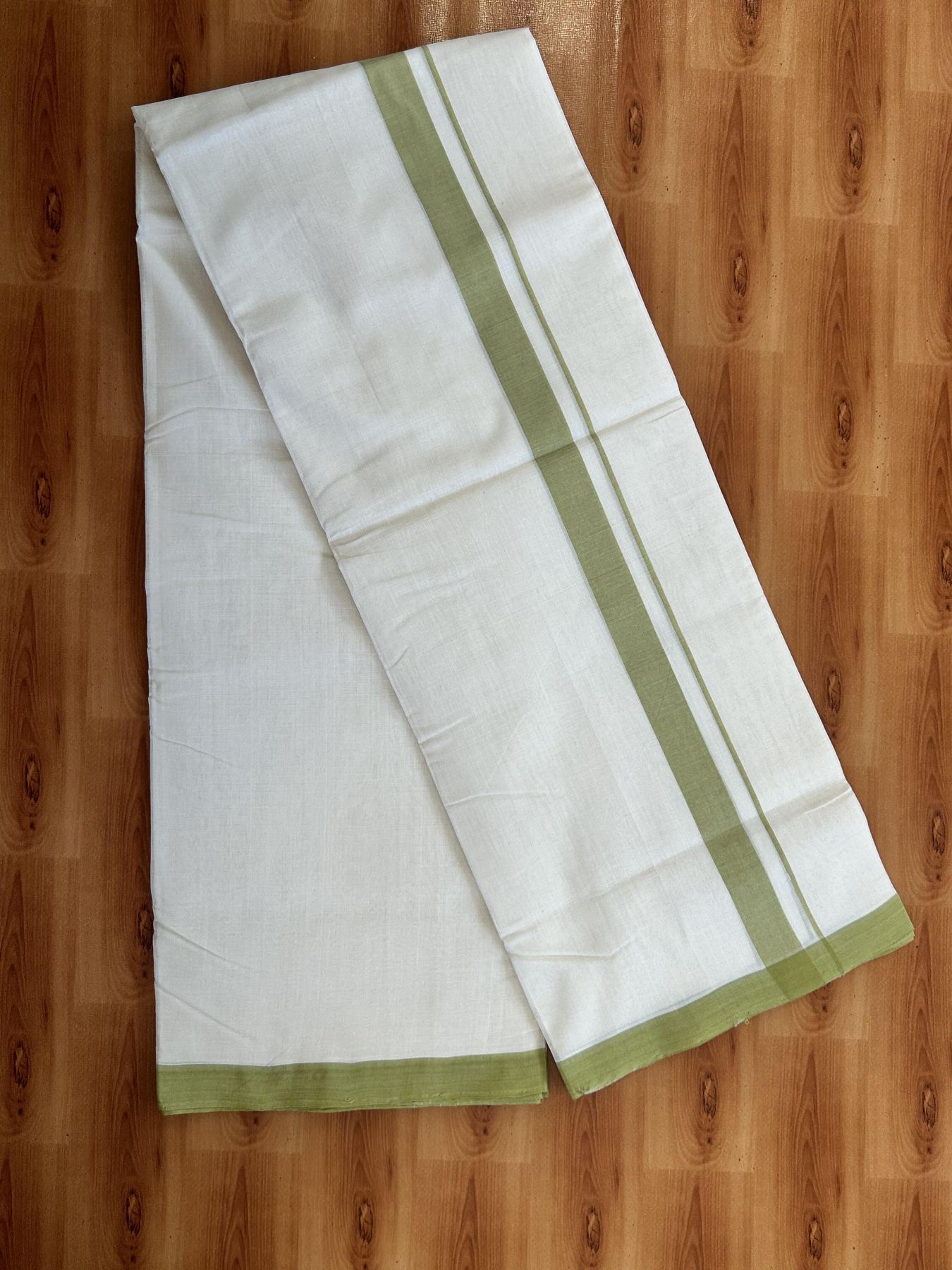 Double Off White (Unbleached) Mundu/Dhoti - 25% Discount!! KaithariKada Handloom Unakkupaav - Kerala Handloom - 100% Pure Cotton - 100x80 - 1 inch Olive Yellow Shaded Kara 3.80 meter (8 muzham) - 43 KK5436 REA