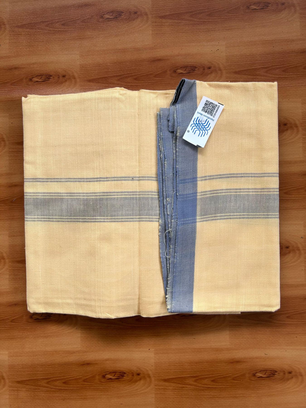 Kannur Kavi Dhoti - KaithariKada Kerala Handloom Single Mundu/Dhoti - 100% Pure Cotton 2/40x26s Thread - Kannur Yellow colour Body 1.25 inch Ash Blue shaded striped  Kara - 2 KK8078 KAL