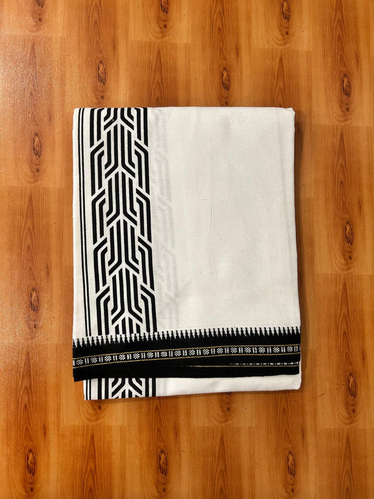 Kaitharikada - Single Kaily / Lungi - Mixed Cotton - 40s twisted - 3 inch Black Printed Design Kuppadam kara with White colour body (2 meter / 4 muzham) - 2 KK8069 GAN