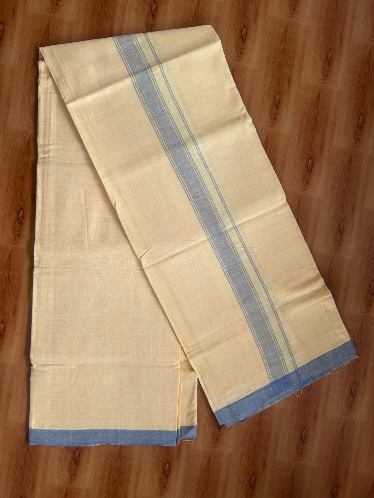 Kannur Kavi Dhoti - KaithariKada Kerala Handloom Single Mundu/Dhoti - 100% Pure Cotton 2/40x26s Thread - Kannur Yellow colour Body 1.25 inch Ash Blue shaded striped  Kara - 2 KK8078 KAL