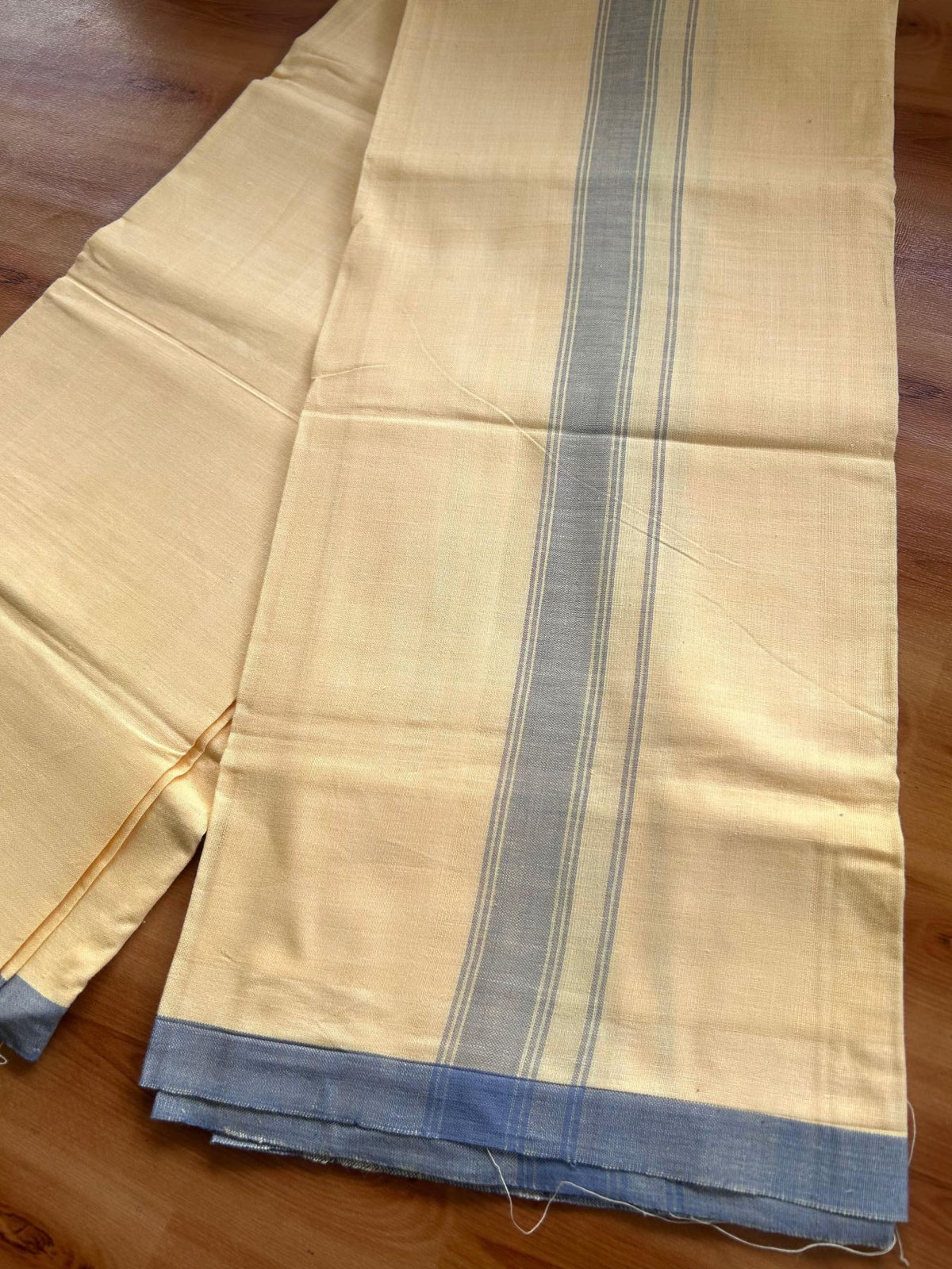 Kannur Kavi Dhoti - KaithariKada Kerala Handloom Single Mundu/Dhoti - 100% Pure Cotton 2/40x26s Thread - Kannur Yellow colour Body 1.25 inch Ash Blue shaded striped  Kara - 2 KK8078 KAL