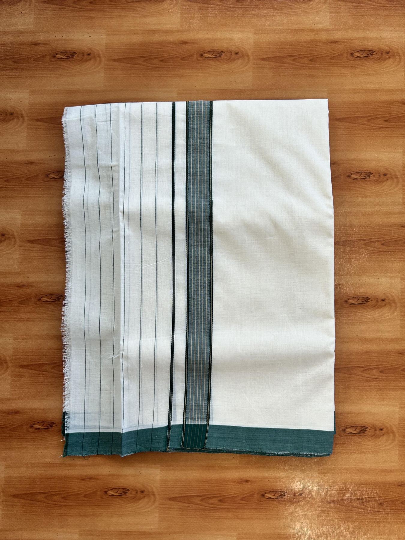 Double Off White (Unbleached) Mundu/Dhoti - 25% Discount!! KaithariKada Handloom Unakkupaav - Kerala Handloom - 100% Pure Cotton - 100x80 - 6.5 inch Dark Green & Yellow Striped Kara 3.80 meter (8 muzham) - 44 KK5436 REA