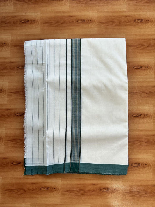Double Off White (Unbleached) Mundu/Dhoti - 25% Discount!! KaithariKada Handloom Unakkupaav - Kerala Handloom - 100% Pure Cotton - 100x80 - 6.5 inch Dark Green & Yellow Striped Kara 3.80 meter (8 muzham) - 44 KK5436 REA