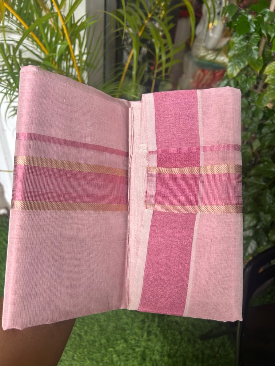 25% DISCOUNT! KaithariKada HANDLOOM MILLPAAV Balaramapuram - 100% PURE Cotton Off White (Unbleached) - Double Mundu/Dhoti - 2 inch Gold Kasavu striped kara & Pink Tissue Body - 20KK5170RAM