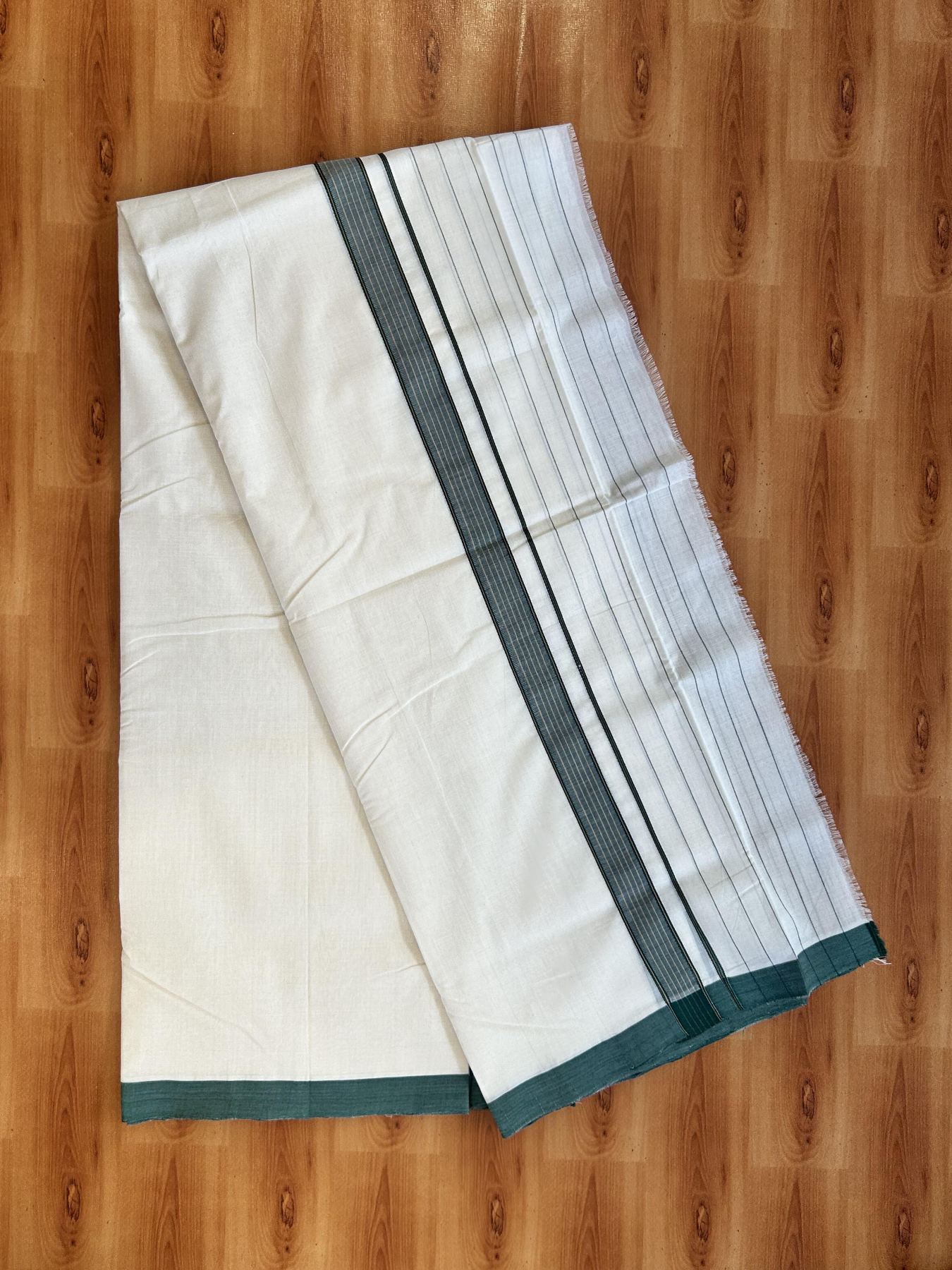 Double Off White (Unbleached) Mundu/Dhoti - 25% Discount!! KaithariKada Handloom Unakkupaav - Kerala Handloom - 100% Pure Cotton - 100x80 - 6.5 inch Dark Green & Yellow Striped Kara 3.80 meter (8 muzham) - 44 KK5436 REA