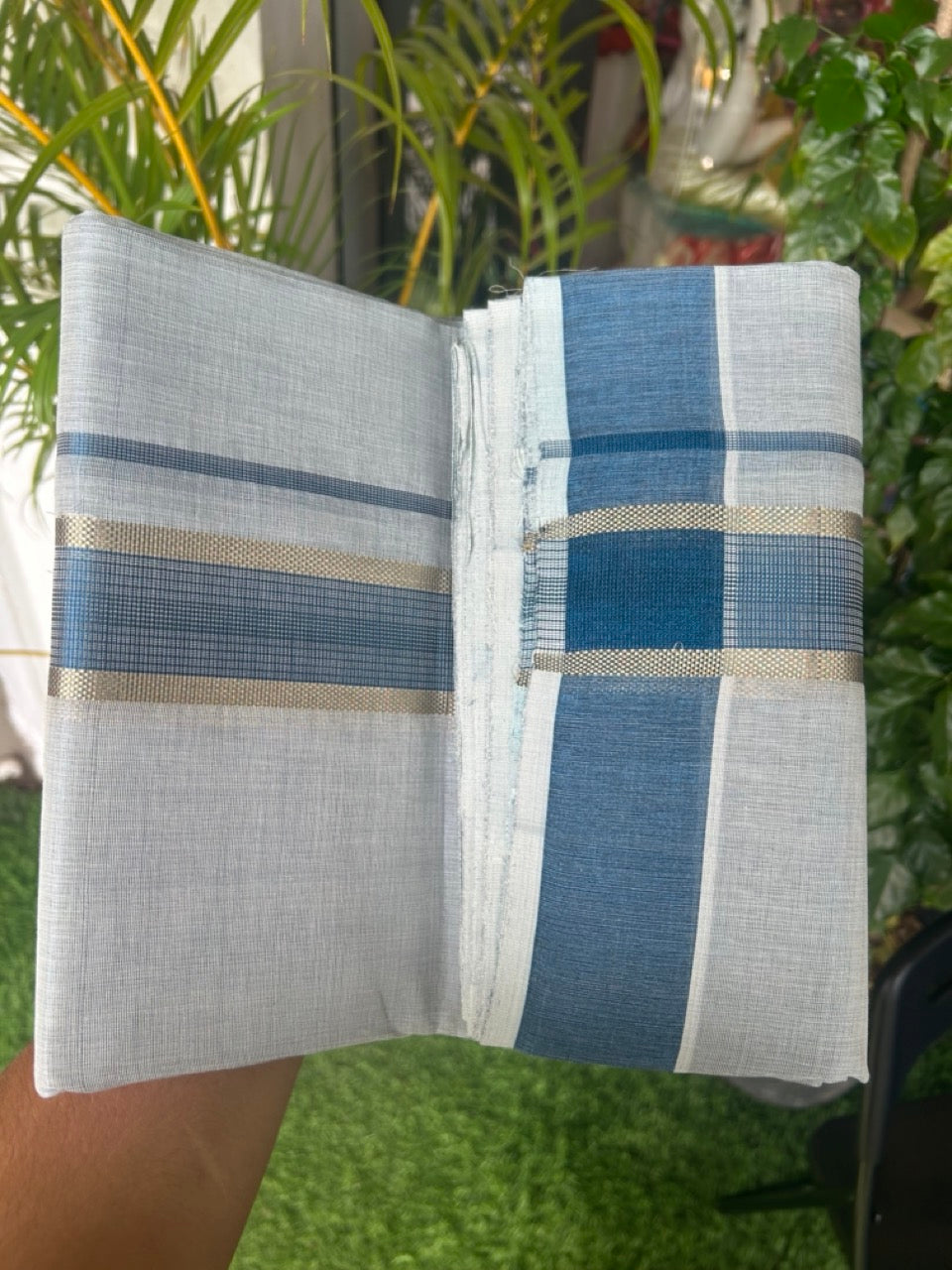 25% DISCOUNT! KaithariKada HANDLOOM MILLPAAV Balaramapuram - 100% PURE Cotton Off White (Unbleached) - Double Mundu/Dhoti - 2 inch Gold Kasavu striped kara & Blue Tissue Body - 21KK5170RAM