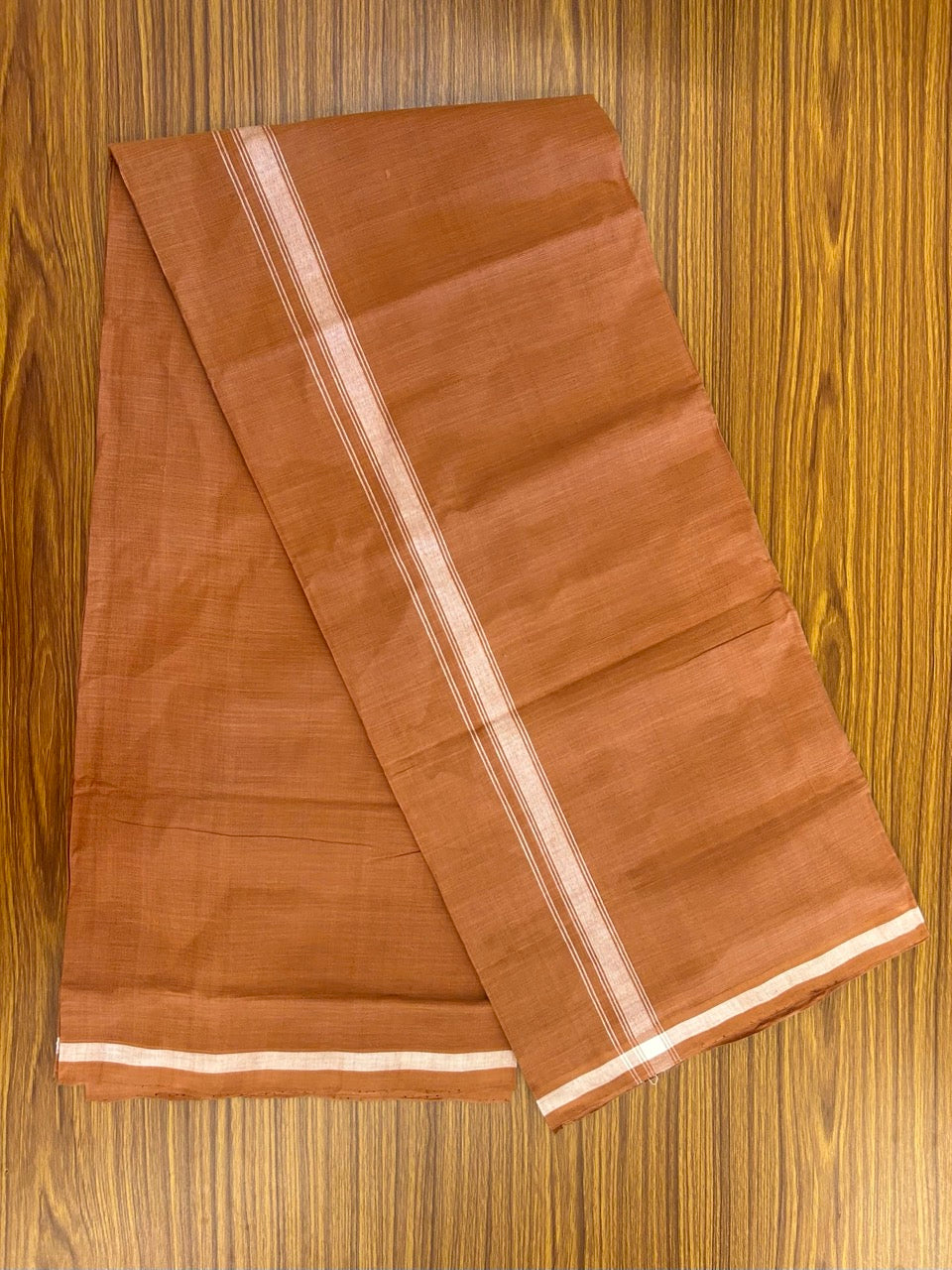 10% Discount !! KaithariKada 100% Pure Cotton - HANDLOOM Single Mundu/Dhoti  KAVI Brown COLOUR BODY & 0.75 inch White Striped Kara- 2.25mtr (4.82 muzham) 16KK8020ELA