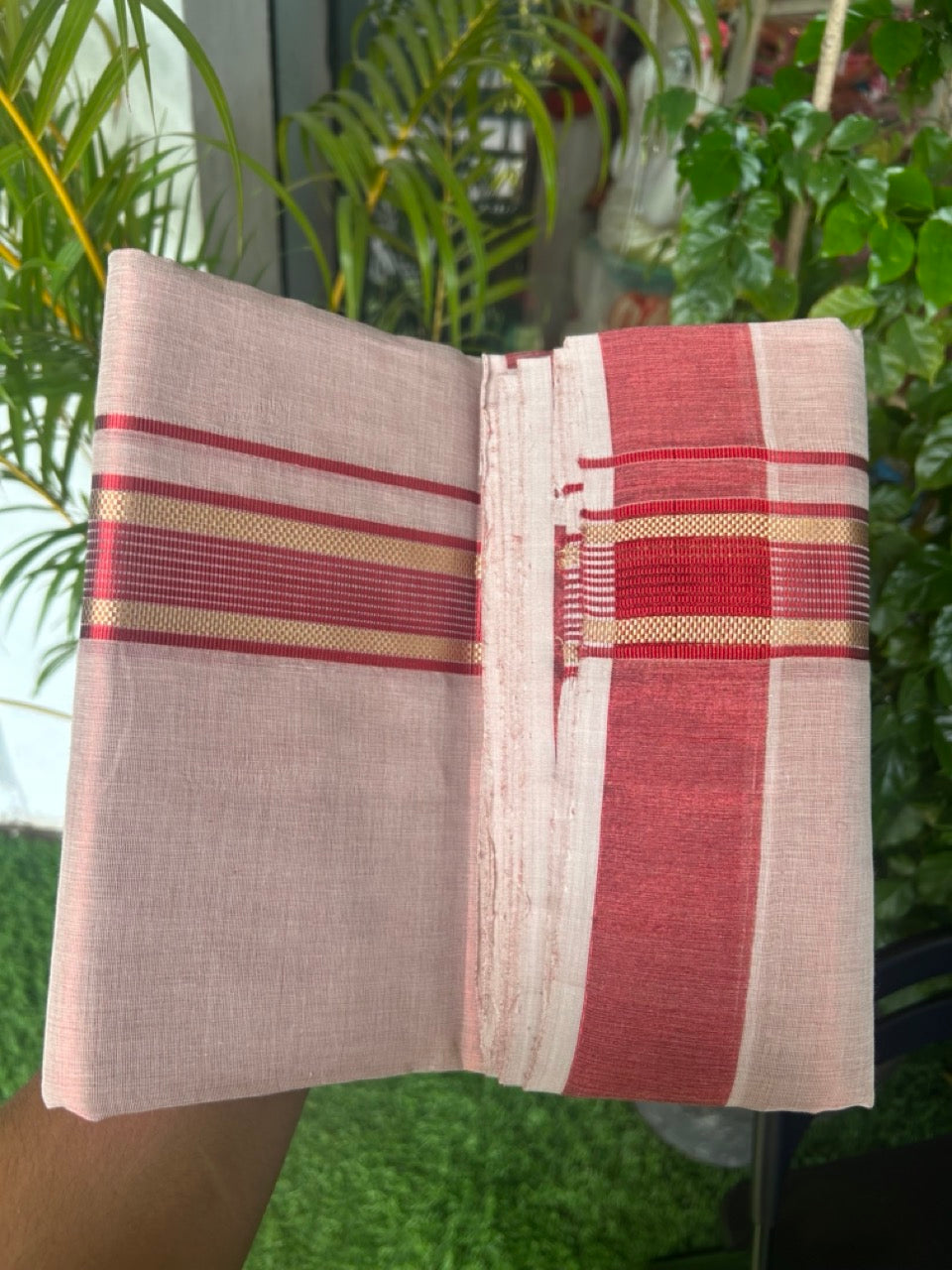 25% DISCOUNT! KaithariKada HANDLOOM MILLPAAV Balaramapuram - 100% PURE Cotton Off White (Unbleached) - Double Mundu/Dhoti - 2 inch Gold Kasavu striped kara & Dark Red Tissue Body - 23KK5170RAM