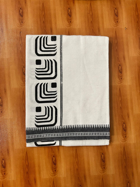 Kaitharikada - Single Kaily / Lungi - Mixed Cotton - 40s twisted - 3 inch Black Printed Design Kuppadam kara with White colour body (2 meter / 4 muzham) - 1 KK8069 GAN
