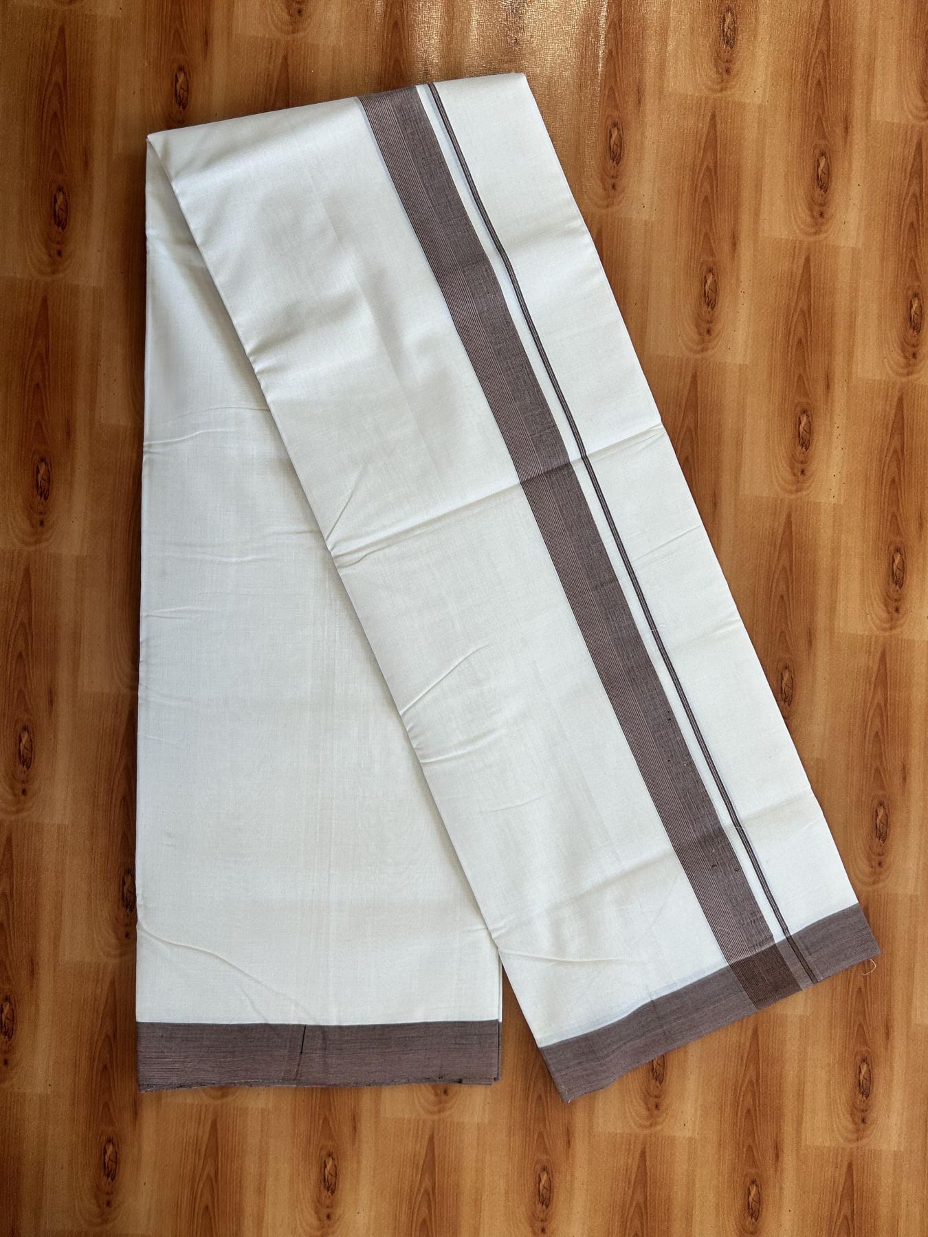 Double Off White (Unbleached) Mundu/Dhoti - 25% Discount!! KaithariKada Handloom Unakkupaav - Kerala Handloom - 100% Pure Cotton - 100x80 - 1.25 inch Ash Black & Pastel Orange Striped Shaded Kara 3.80 meter (8 muzham) - 45 KK5436 REA