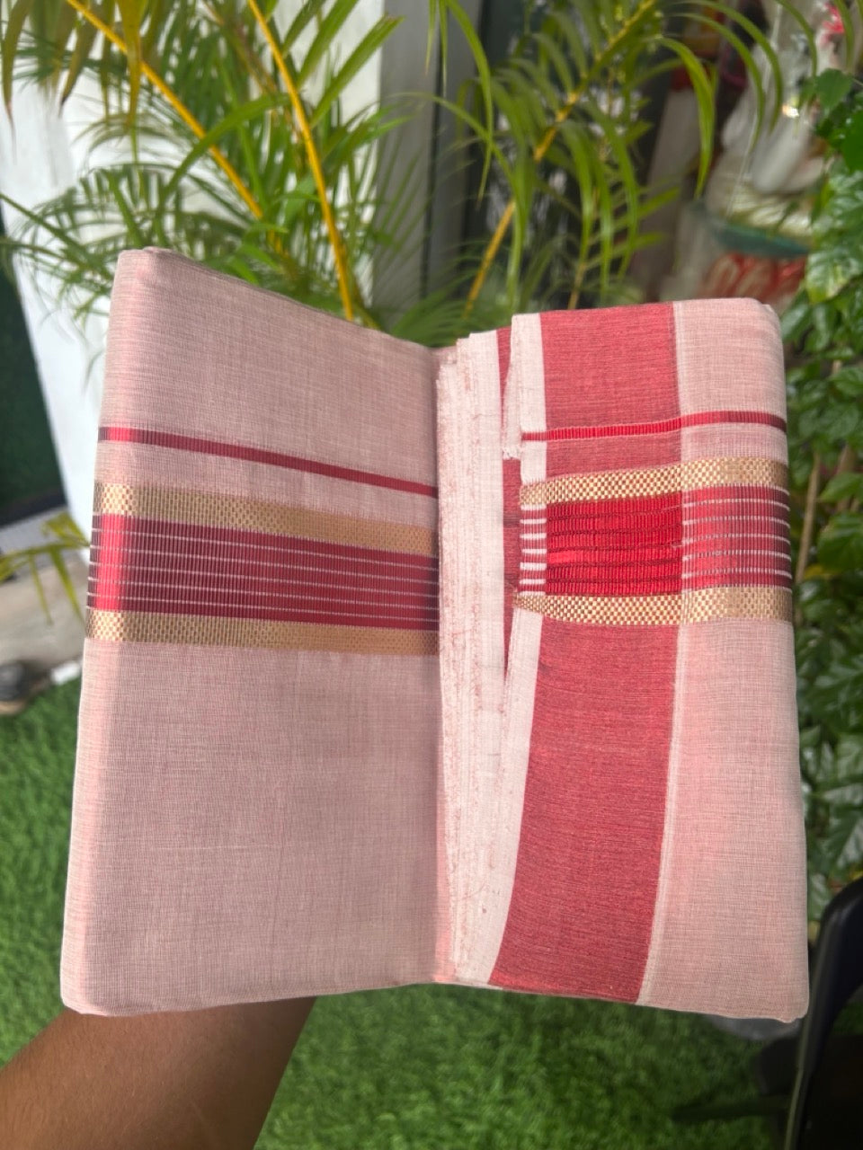 25% DISCOUNT! KaithariKada HANDLOOM MILLPAAV Balaramapuram - 100% PURE Cotton Off White (Unbleached) - Double Mundu/Dhoti - 2 inch Gold Kasavu striped kara & Dark Red Tissue Body - 24KK5170RAM