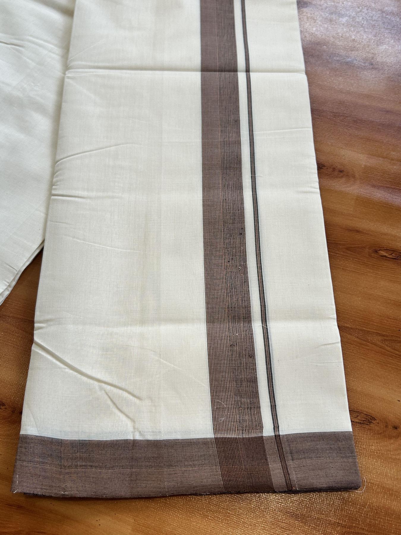 Double Off White (Unbleached) Mundu/Dhoti - 25% Discount!! KaithariKada Handloom Unakkupaav - Kerala Handloom - 100% Pure Cotton - 100x80 - 1.25 inch Ash Black & Pastel Orange Striped Shaded Kara 3.80 meter (8 muzham) - 45 KK5436 REA