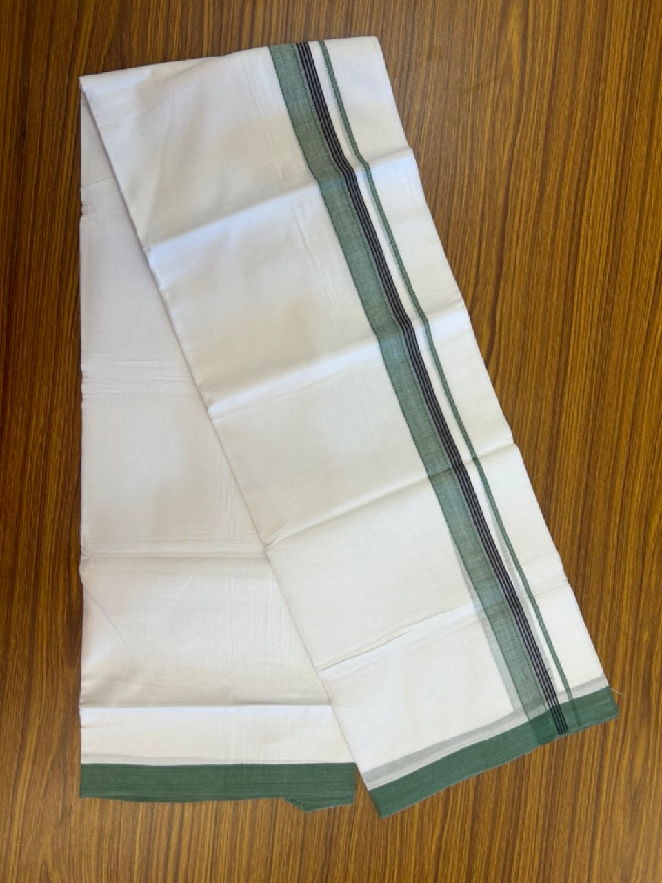14% Discount ! Kaitharikada Balaramapuram 100% Cotton Pure White Double Mundu/Dothi - 72x72 - 1.25 inch Green & Black Striped Kara 3.65 mtr (8 muzham) - 14 KK5298 SKM