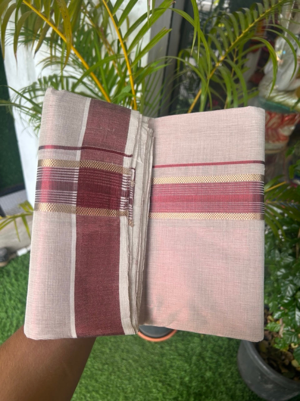 25% DISCOUNT! KaithariKada HANDLOOM MILLPAAV Balaramapuram - 100% PURE Cotton Off White (Unbleached) - Double Mundu/Dhoti - 2 inch Gold Kasavu striped kara & Maroon Tissue Body - 26KK5170RAM