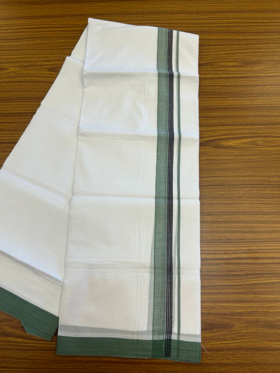 14% Discount ! Kaitharikada Balaramapuram 100% Cotton Pure White Double Mundu/Dothi - 72x72 - 1.25 inch Green & Black Striped Kara 3.65 mtr (8 muzham) - 14 KK5298 SKM