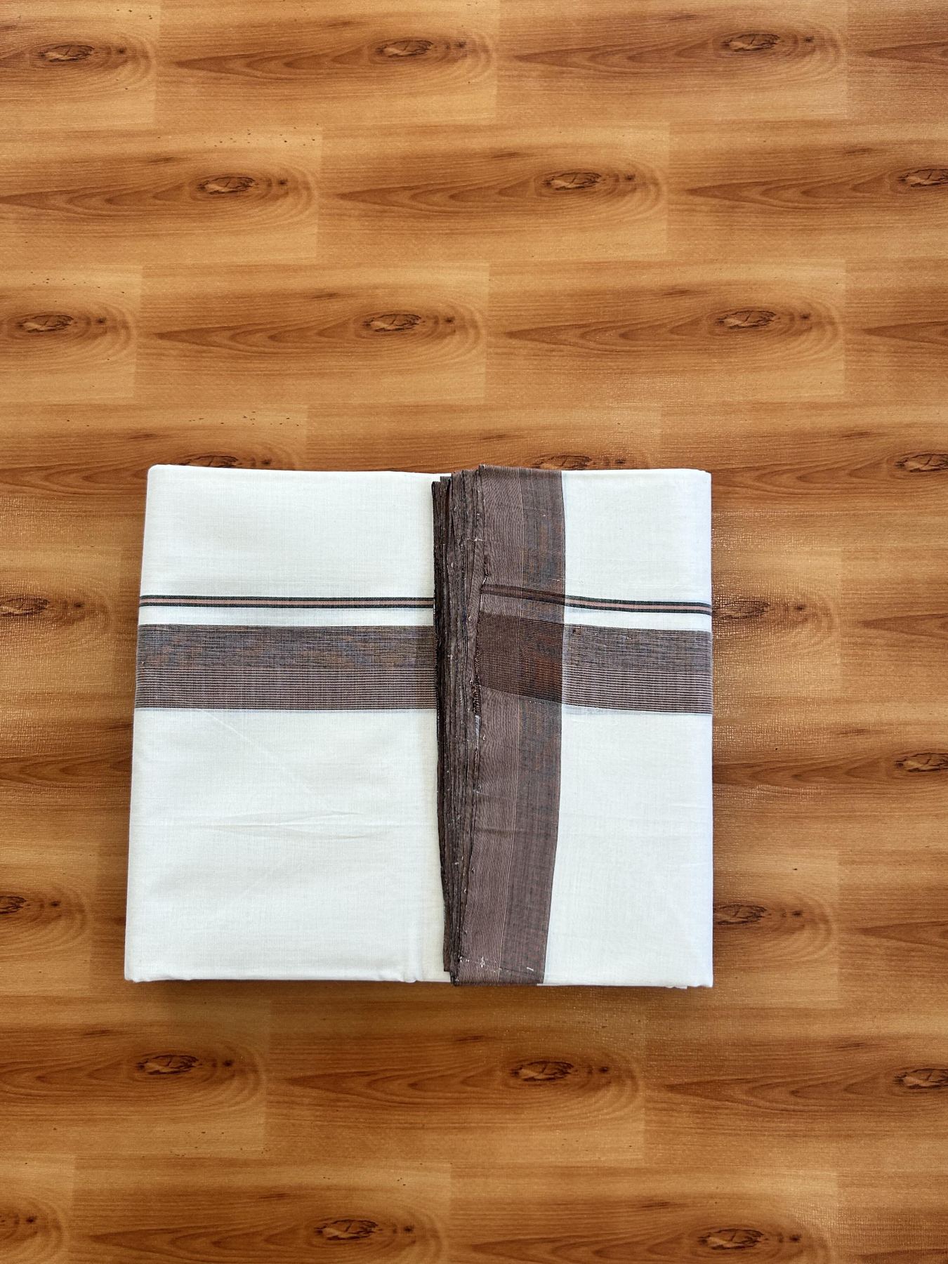 Double Off White (Unbleached) Mundu/Dhoti - 25% Discount!! KaithariKada Handloom Unakkupaav - Kerala Handloom - 100% Pure Cotton - 100x80 - 1.5 inch Ash Black & Pastel Orange Striped Shaded Kara 3.80 meter (8 muzham) - 46 KK5436 REA