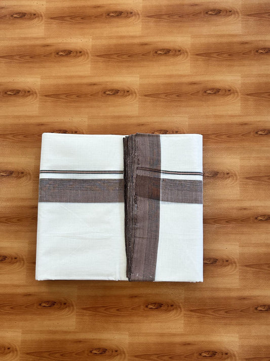 Double Off White (Unbleached) Mundu/Dhoti - 25% Discount!! KaithariKada Handloom Unakkupaav - Kerala Handloom - 100% Pure Cotton - 100x80 - 1.5 inch Ash Black & Pastel Orange Striped Shaded Kara 3.80 meter (8 muzham) - 46 KK5436 REA