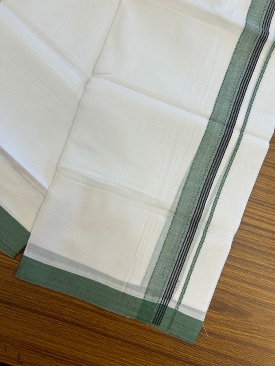 14% Discount ! Kaitharikada Balaramapuram 100% Cotton Pure White Double Mundu/Dothi - 72x72 - 1.25 inch Green & Black Striped Kara 3.65 mtr (8 muzham) - 14 KK5298 SKM