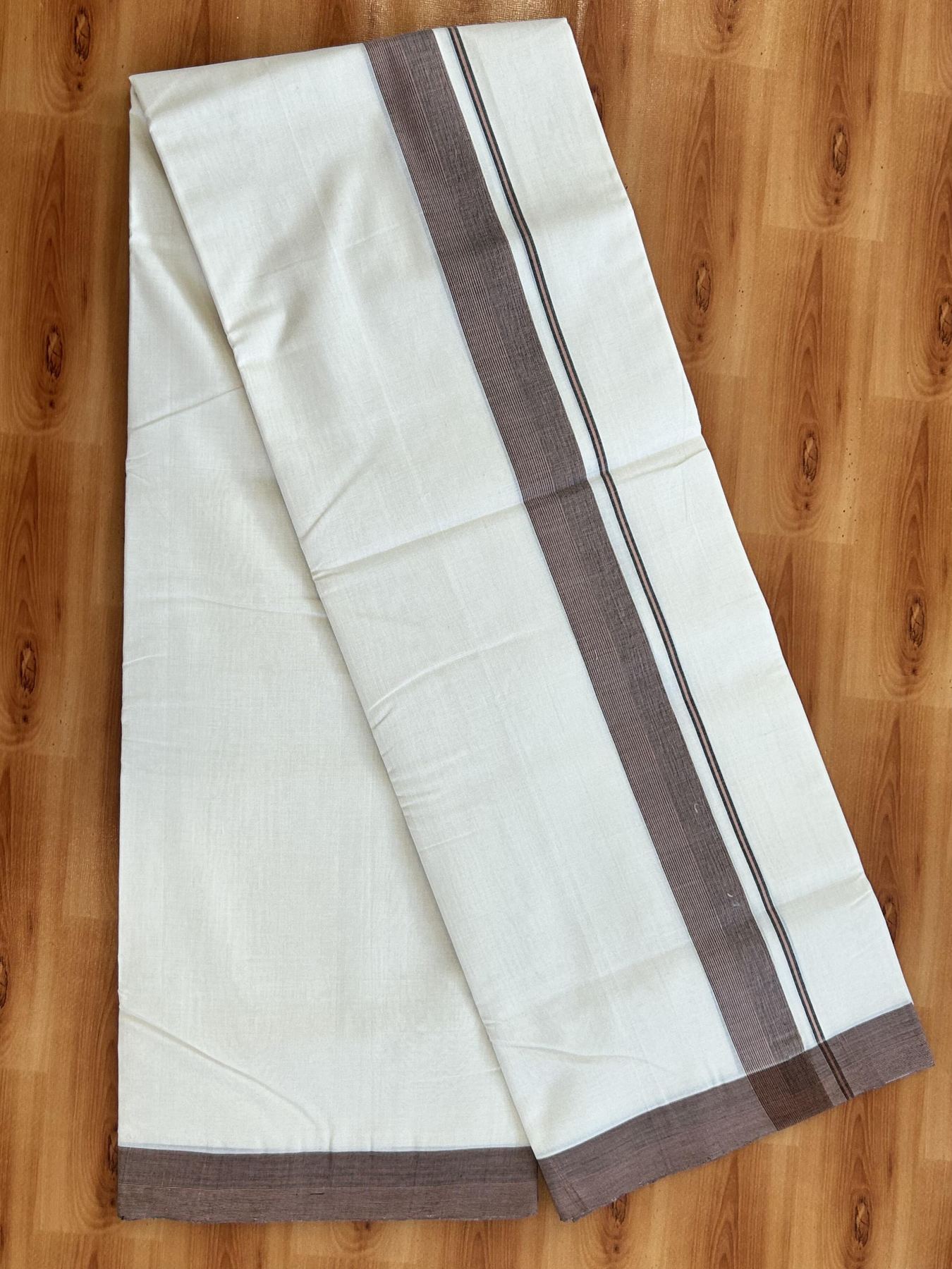 Double Off White (Unbleached) Mundu/Dhoti - 25% Discount!! KaithariKada Handloom Unakkupaav - Kerala Handloom - 100% Pure Cotton - 100x80 - 1.5 inch Ash Black & Pastel Orange Striped Shaded Kara 3.80 meter (8 muzham) - 46 KK5436 REA