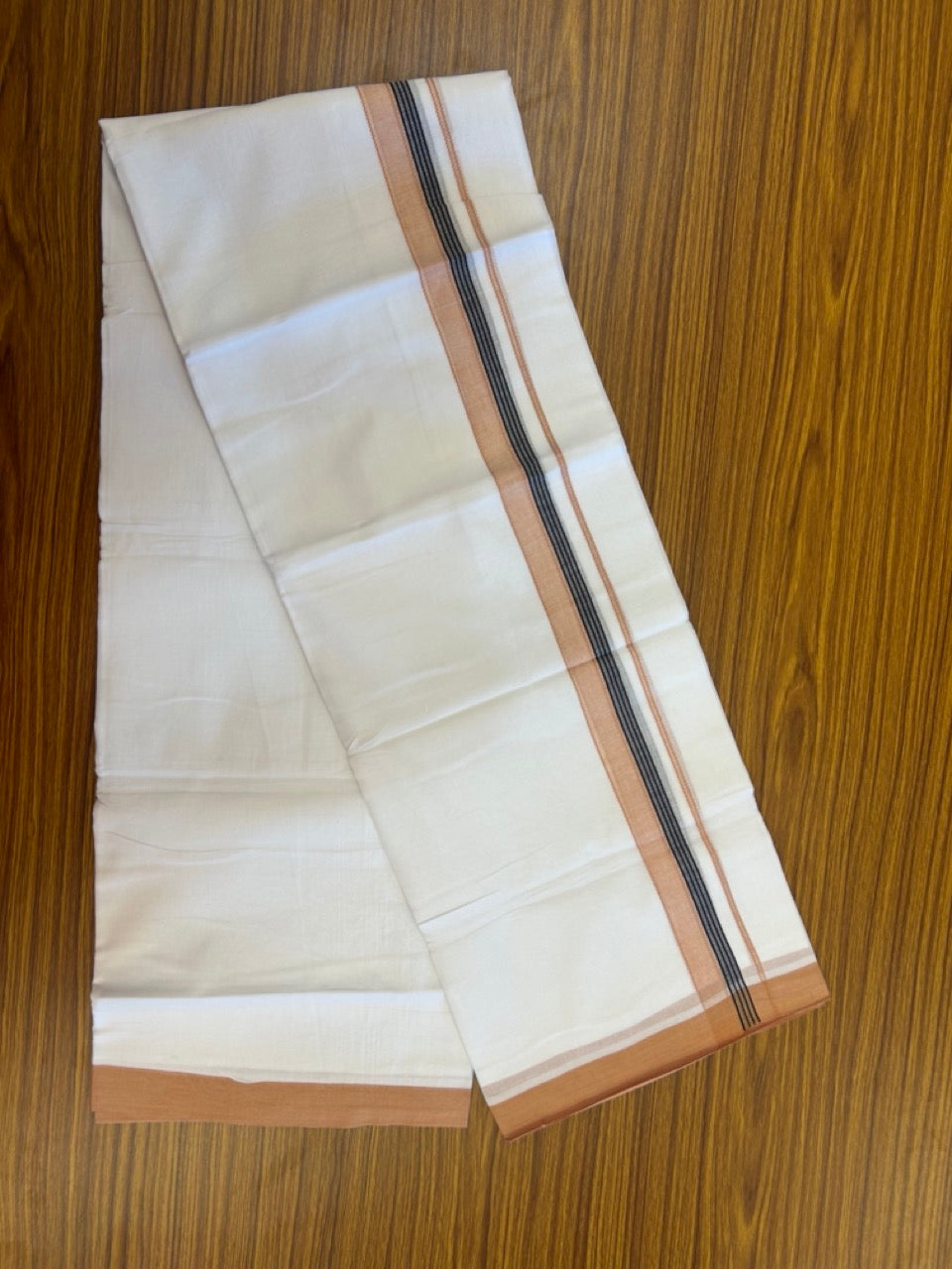 14% Discount ! Kaitharikada Balaramapuram 100% Cotton Pure White Double Mundu/Dothi - 72x72 - 1.25 inch Light Orange & Black Striped Kara 3.65 mtr (8 muzham) - 9 KK5298 SKM
