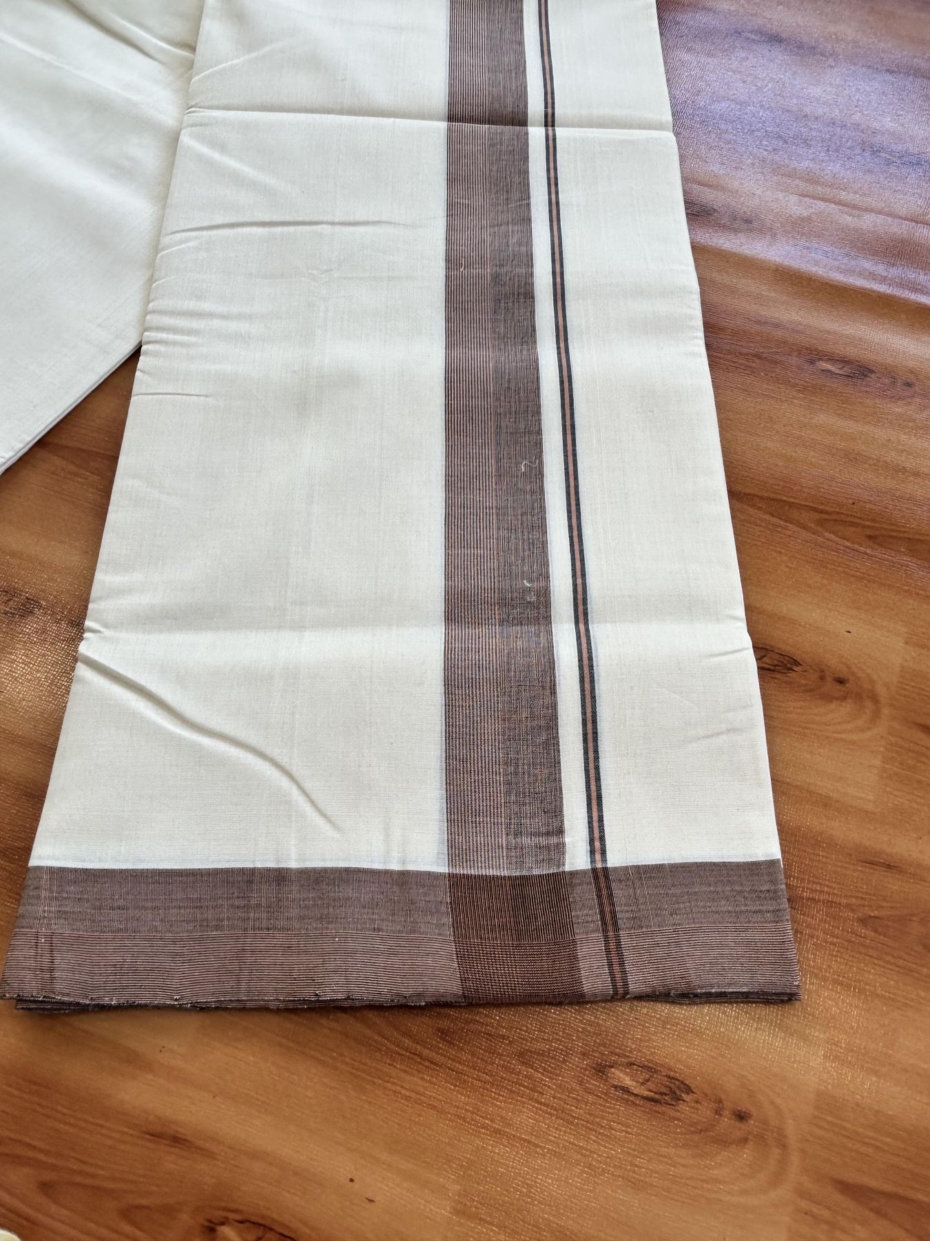 Double Off White (Unbleached) Mundu/Dhoti - 25% Discount!! KaithariKada Handloom Unakkupaav - Kerala Handloom - 100% Pure Cotton - 100x80 - 1.5 inch Ash Black & Pastel Orange Striped Shaded Kara 3.80 meter (8 muzham) - 46 KK5436 REA