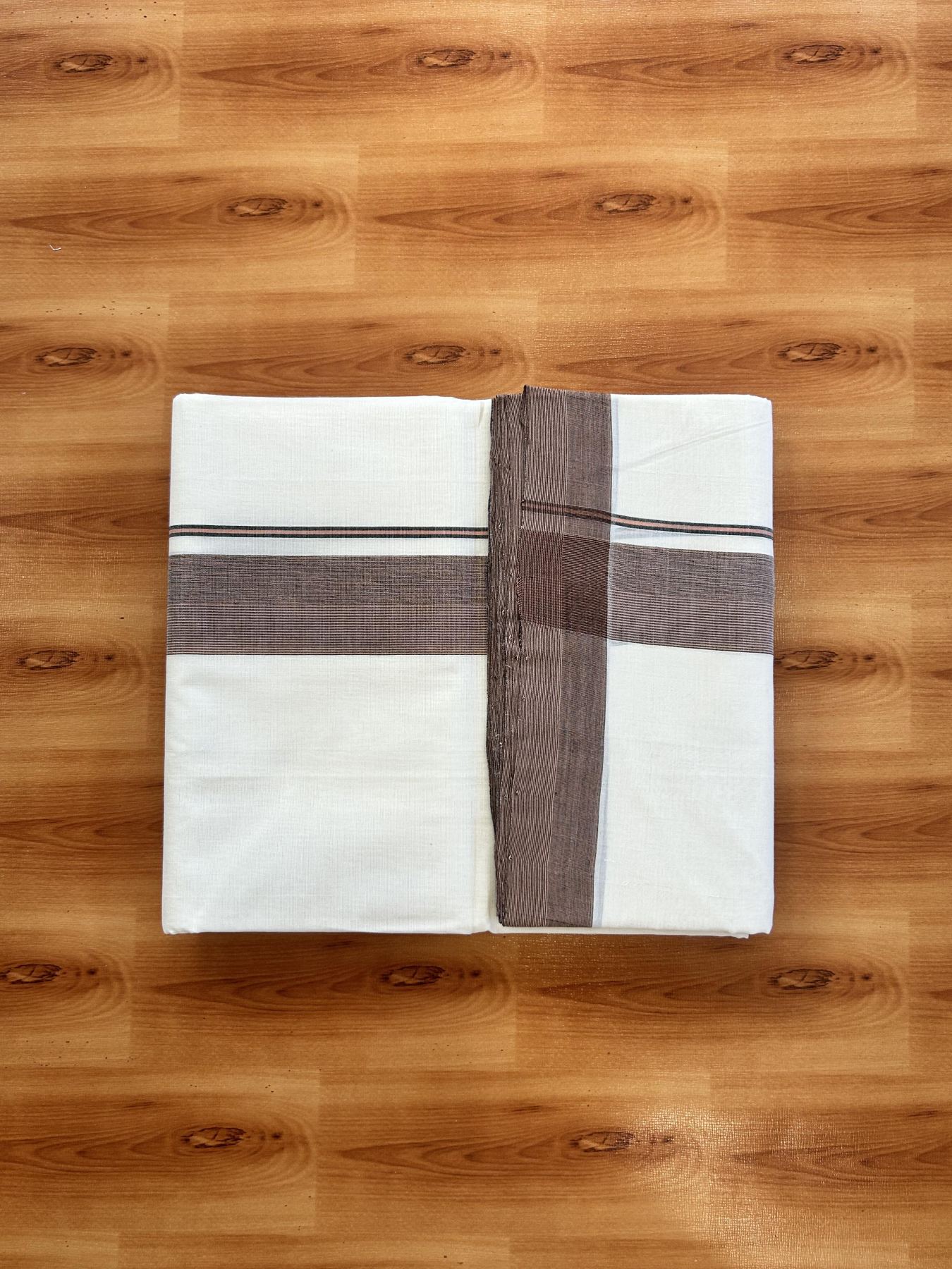 Double Off White (Unbleached) Mundu/Dhoti - 25% Discount!! KaithariKada Handloom Unakkupaav - Kerala Handloom - 100% Pure Cotton - 100x80 - 1.75 inch Ash Black & Pastel Orange Striped Shaded Kara 3.80 meter (8 muzham) - 47 KK5436 REA