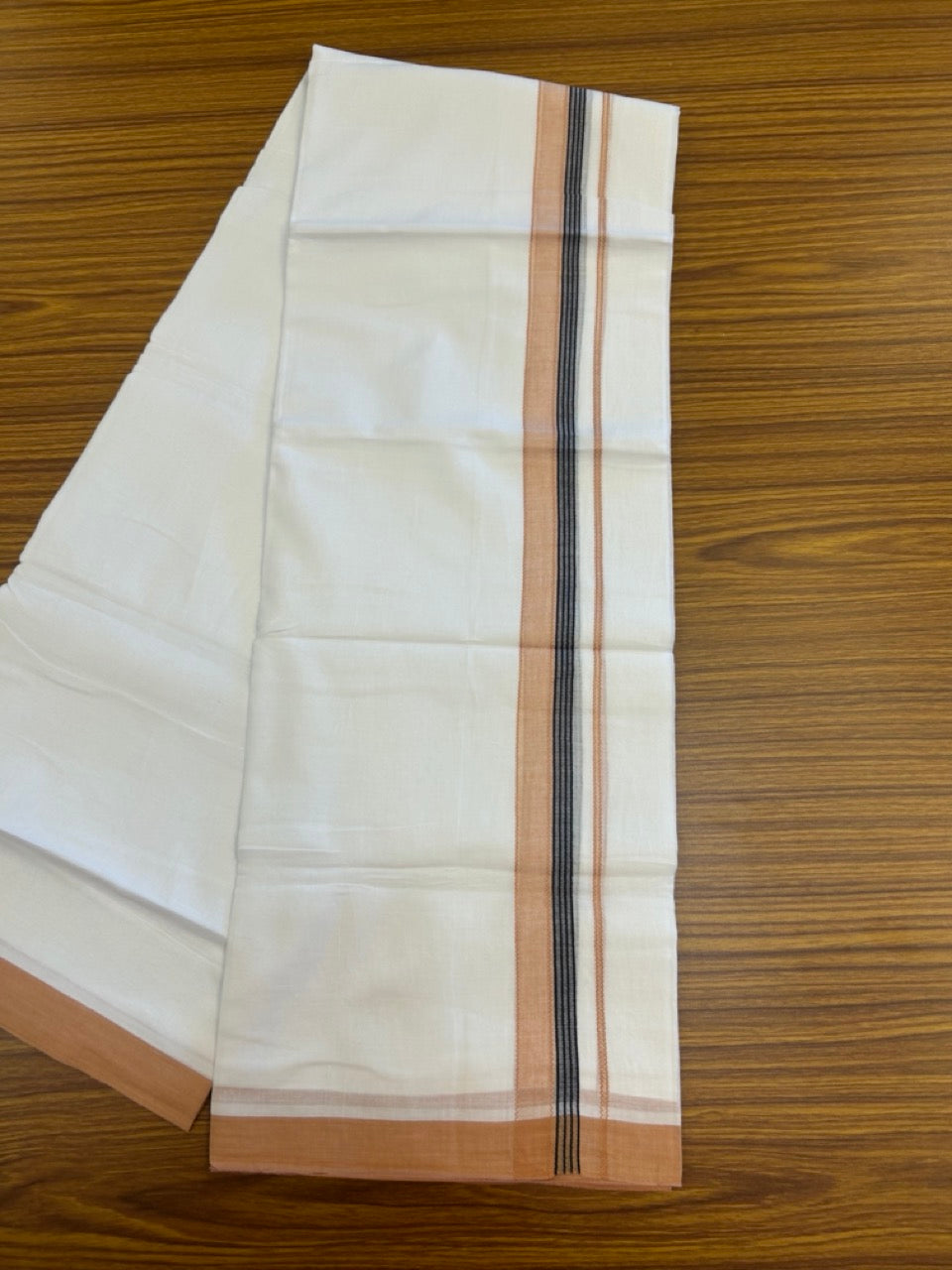 14% Discount ! Kaitharikada Balaramapuram 100% Cotton Pure White Double Mundu/Dothi - 72x72 - 1.25 inch Light Orange & Black Striped Kara 3.65 mtr (8 muzham) - 9 KK5298 SKM