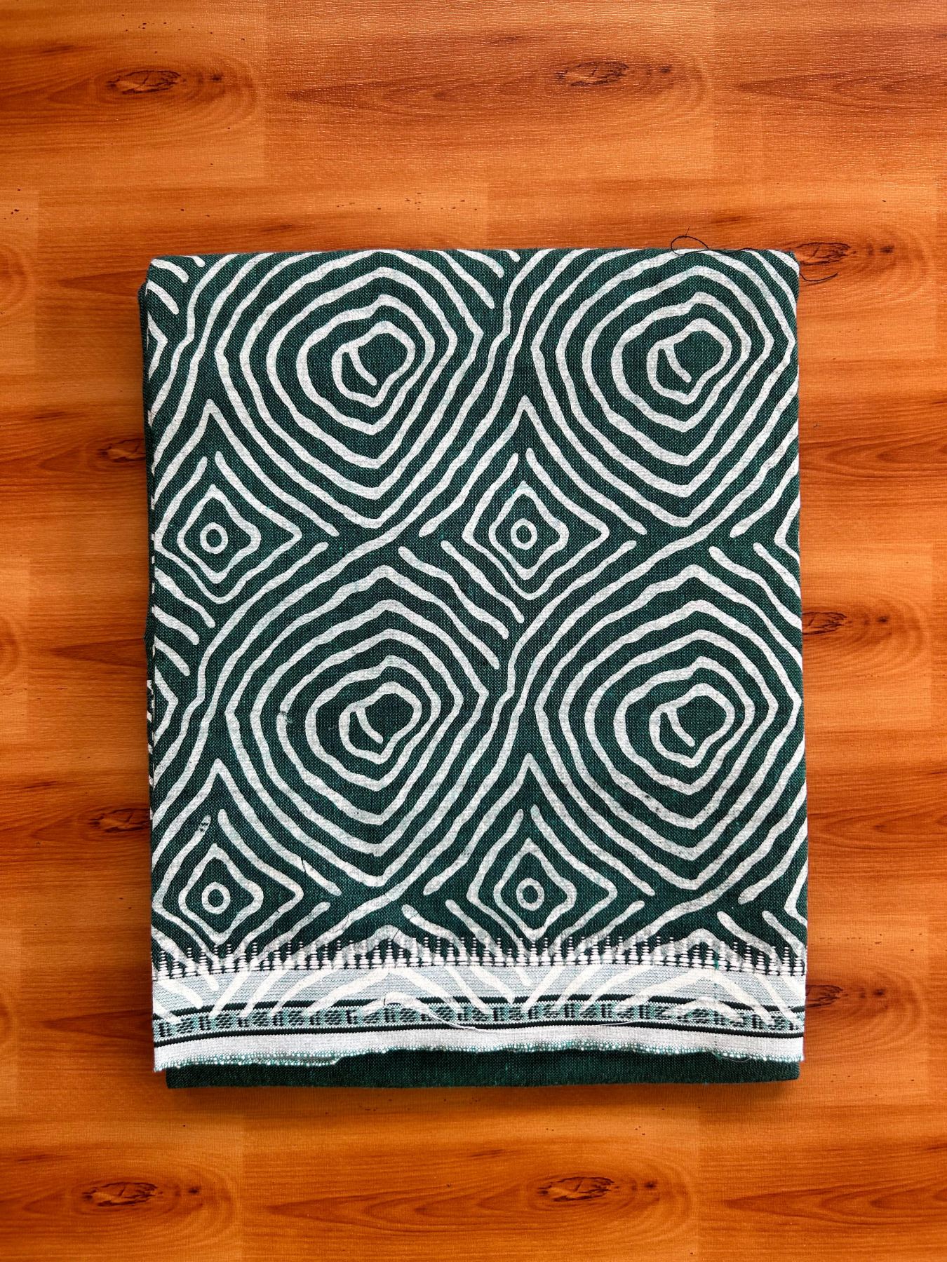 Single Kaily / Lungi - Mixed Cotton - 40s - White printed design Kuppadam border with Teal Green Colour Body (2 meter / 4 muzham) - 3 KK8071 GAN