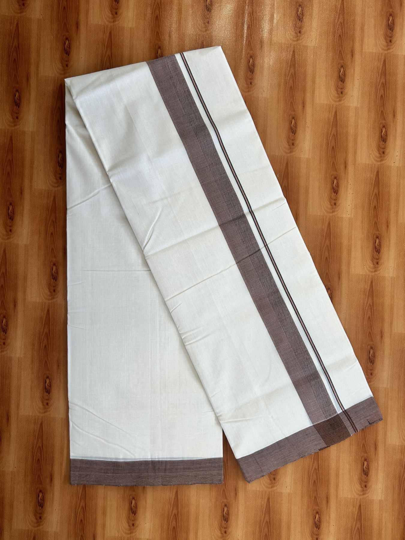 Double Off White (Unbleached) Mundu/Dhoti - 25% Discount!! KaithariKada Handloom Unakkupaav - Kerala Handloom - 100% Pure Cotton - 100x80 - 1.75 inch Ash Black & Pastel Orange Striped Shaded Kara 3.80 meter (8 muzham) - 47 KK5436 REA