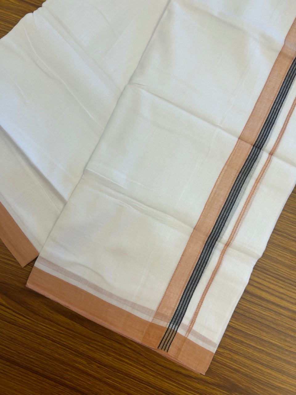 14% Discount ! Kaitharikada Balaramapuram 100% Cotton Pure White Double Mundu/Dothi - 72x72 - 1.25 inch Light Orange & Black Striped Kara 3.65 mtr (8 muzham) - 9 KK5298 SKM