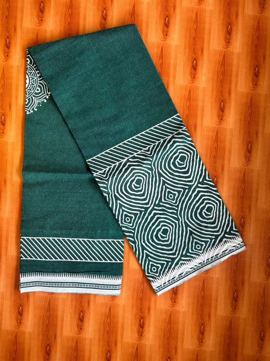Single Kaily / Lungi - Mixed Cotton - 40s - White printed design Kuppadam border with Teal Green Colour Body (2 meter / 4 muzham) - 3 KK8071 GAN