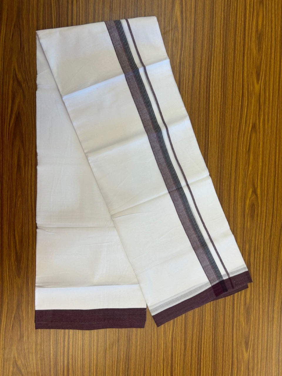14% Discount ! Kaitharikada Balaramapuram 100% Cotton Pure White Double Mundu/Dothi - 72x72 - 1.25 inch Wine Purple & Black Striped Kara 3.65 mtr (8 muzham) - 11 KK5298 SKM