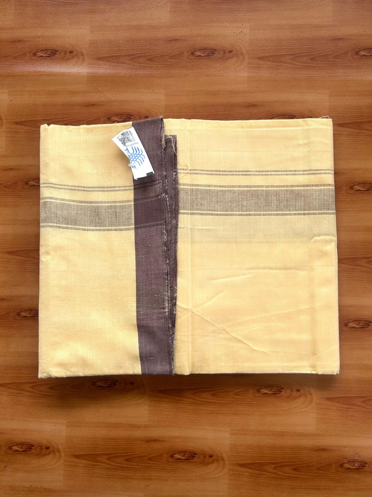 Kannur Kavi Dhoti - KaithariKada Kerala Handloom Single Mundu/Dhoti - 100% Pure Cotton 2/60x40s Thread - Kannur Yellow colour Body 1.25 inch Brown shaded striped Kara - 7 KK8078 KAL