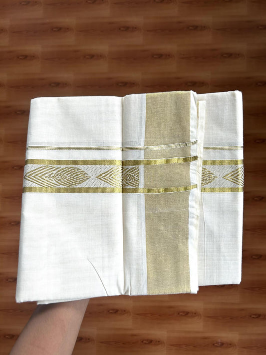 Double Off White - (Unbleached) Mundu/Dhoti - 20% Discount!! Kaitharikada Balaramapuram Pure Cotton - 60s - 1.5 inch Gold Kasav Jacquard Design Kara 4 mtr (8.5 muzham) - 3 KK5395 GAN