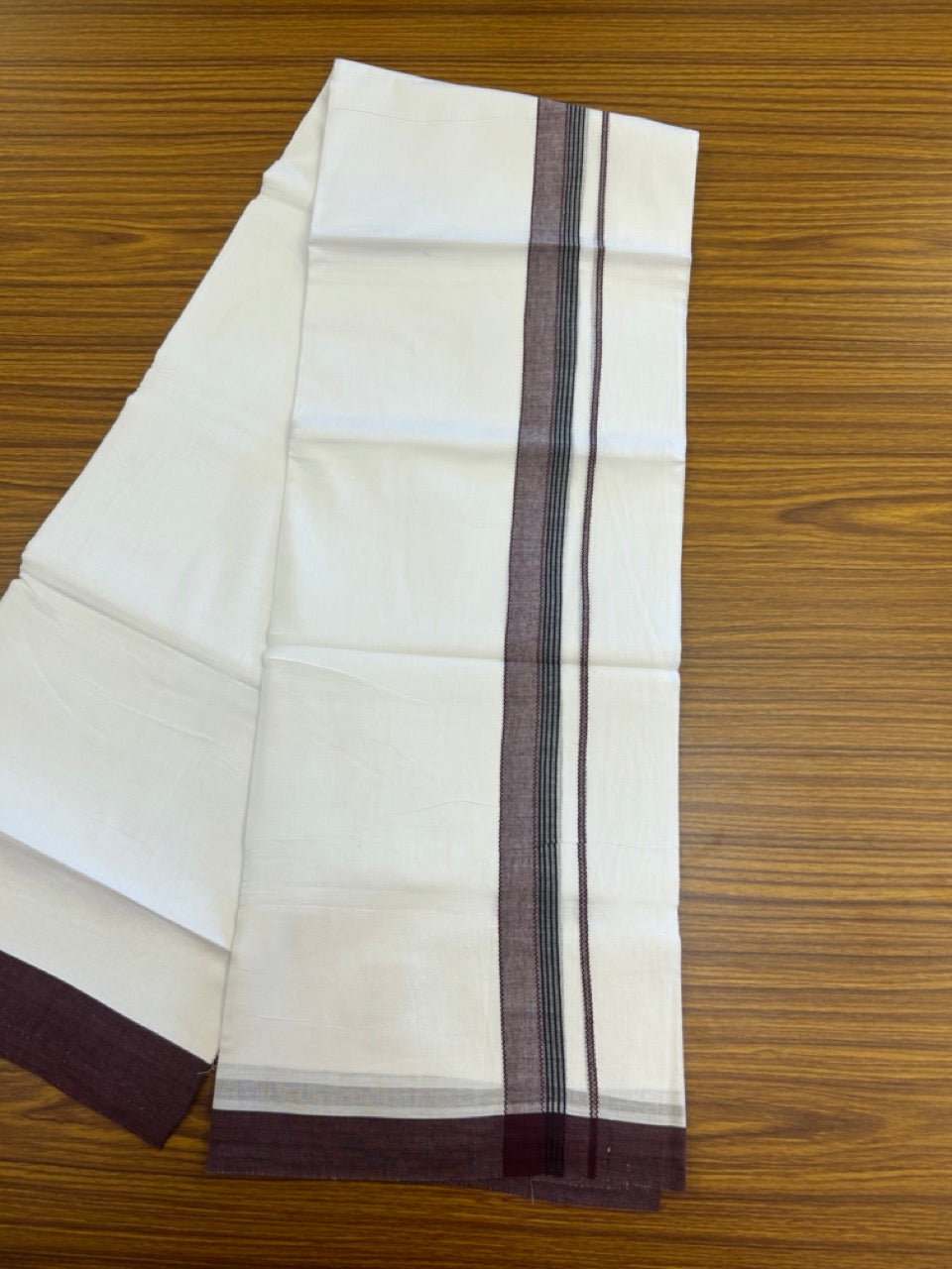 14% Discount ! Kaitharikada Balaramapuram 100% Cotton Pure White Double Mundu/Dothi - 72x72 - 1.25 inch Wine Purple & Black Striped Kara 3.65 mtr (8 muzham) - 11 KK5298 SKM