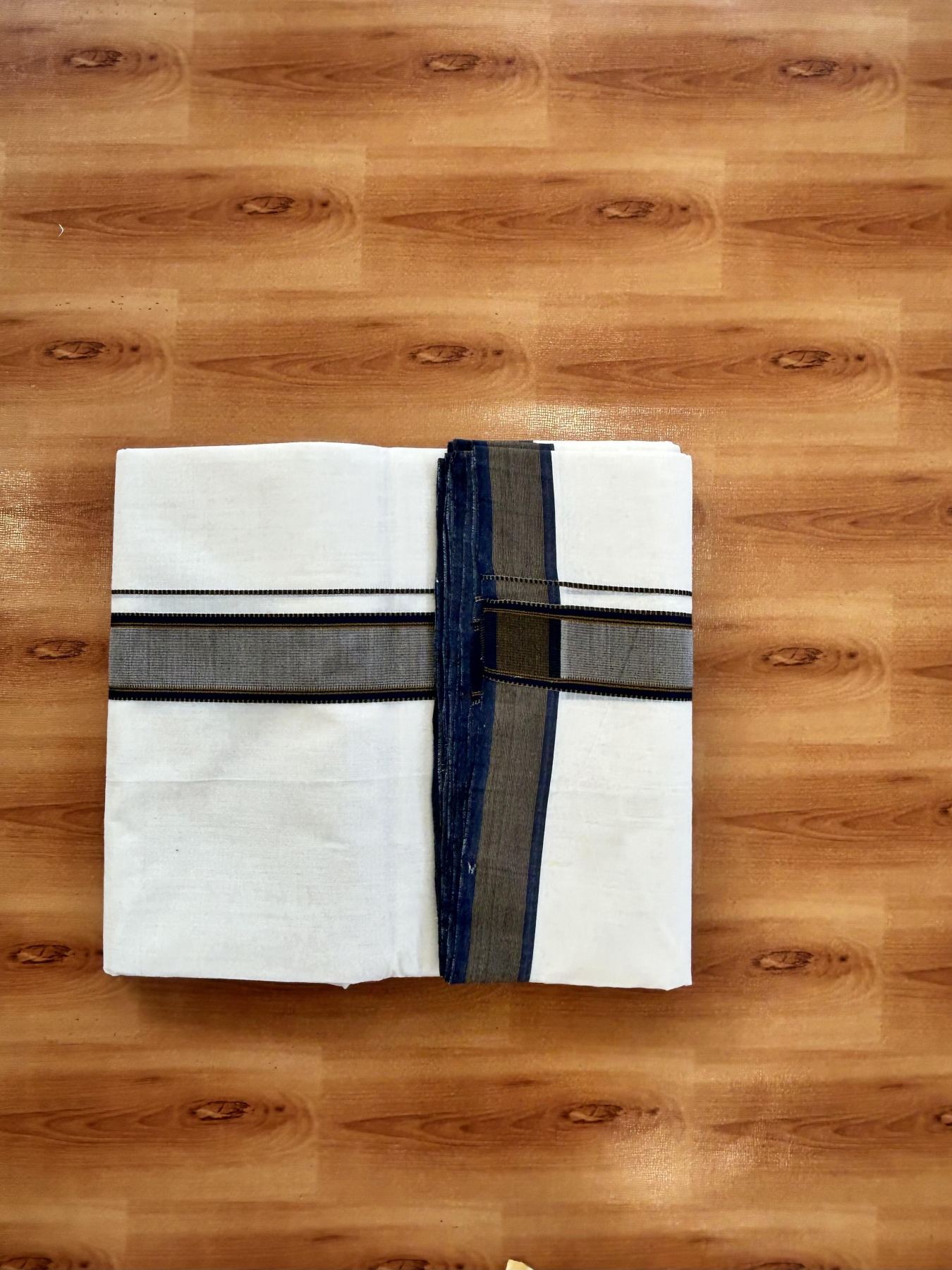 Double Off White (Unbleached) Mundu/Dhoti - 25% Discount!! KaithariKada Handloom Unakkupaav - Kerala Handloom - 100% Pure Cotton - 100x80 - 1.5 inch Navy Blue & Medium Brown Striped Designer Kara 3.80 meter (8 muzham) - 48 KK5436 REA