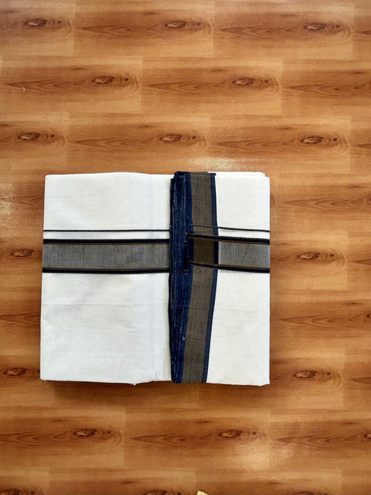 Double Off White (Unbleached) Mundu/Dhoti - 25% Discount!! KaithariKada Handloom Unakkupaav - Kerala Handloom - 100% Pure Cotton - 100x80 - 1.5 inch Navy Blue & Medium Brown Striped Designer Kara 3.80 meter (8 muzham) - 48 KK5436 REA