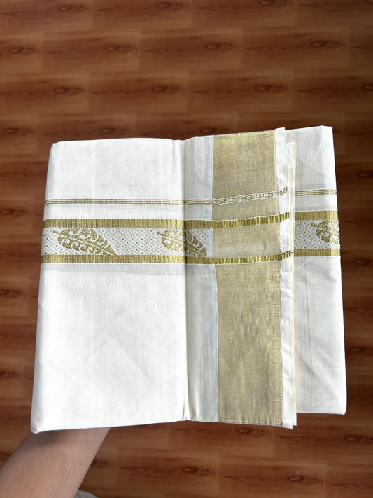 Double Off White - (Unbleached) Mundu/Dhoti - 20% Discount!! Kaitharikada Balaramapuram Pure Cotton - 60s - 1.5 inch Gold Kasav Jacquard Design Kara 4 mtr (8.5 muzham) - 1 KK5395 GAN