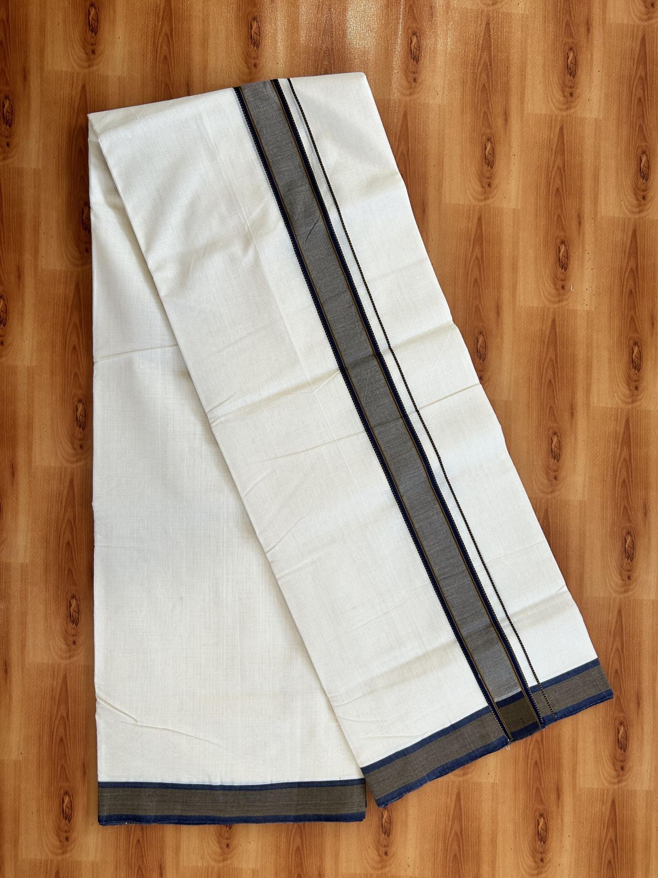 Double Off White (Unbleached) Mundu/Dhoti - 25% Discount!! KaithariKada Handloom Unakkupaav - Kerala Handloom - 100% Pure Cotton - 100x80 - 1.5 inch Navy Blue & Medium Brown Striped Designer Kara 3.80 meter (8 muzham) - 48 KK5436 REA