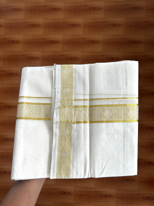 Double Off White - (Unbleached) Mundu/Dhoti - 20% Discount!! Kaitharikada Balaramapuram Pure Cotton - 60s - 1.5 inch Gold Kasav Jacquard Design Kara 4 mtr (8.5 muzham) - 6 KK5395 GAN