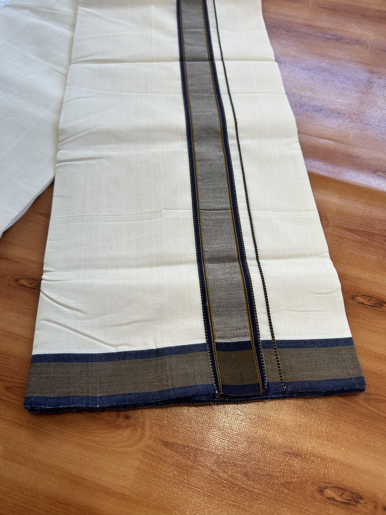 Double Off White (Unbleached) Mundu/Dhoti - 25% Discount!! KaithariKada Handloom Unakkupaav - Kerala Handloom - 100% Pure Cotton - 100x80 - 1.5 inch Navy Blue & Medium Brown Striped Designer Kara 3.80 meter (8 muzham) - 48 KK5436 REA