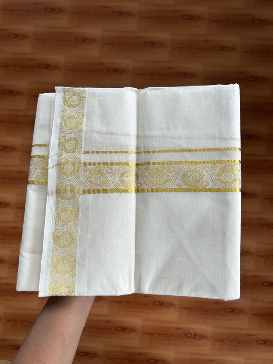 Double Off White - (Unbleached) Mundu/Dhoti - 20% Discount!! Kaitharikada Balaramapuram Pure Cotton - 60s - 1.5 inch Gold Kasav Jacquard Design Kara 4 mtr (8.5 muzham) - 4 KK5395 GAN