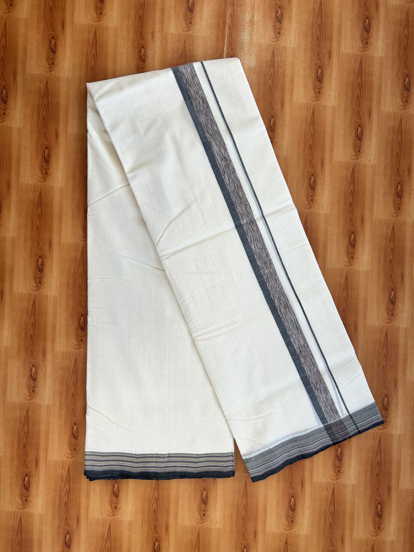Double Off White (Unbleached) Mundu/Dhoti - 25% Discount!! KaithariKada Handloom Unakkupaav - Kerala Handloom - 100% Pure Cotton - 100x80 - 1.25 inch Ash Black & Multi Colour Shaded Kara 3.80 meter (8 muzham) - 49 KK5436 REA