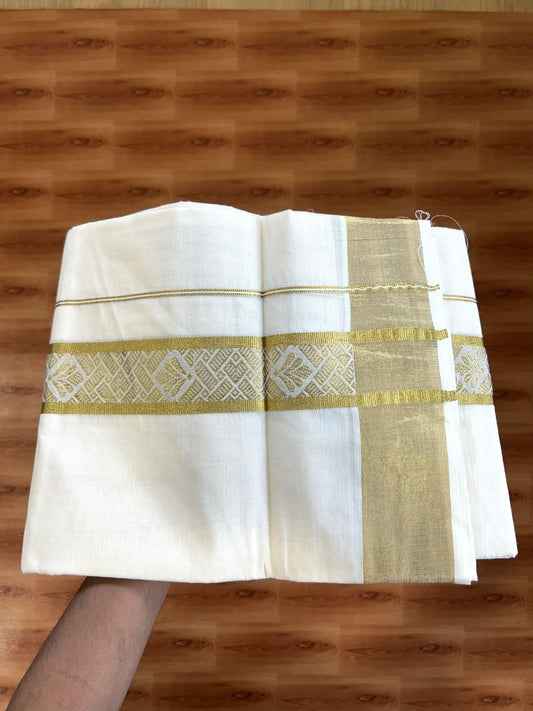 Double Off White - (Unbleached) Mundu/Dhoti - 20% Discount!! Kaitharikada Balaramapuram Pure Cotton - 60s - 1.5 inch Gold Kasav Jacquard Design Kara 4 mtr (8.5 muzham) - 9 KK5395 GAN