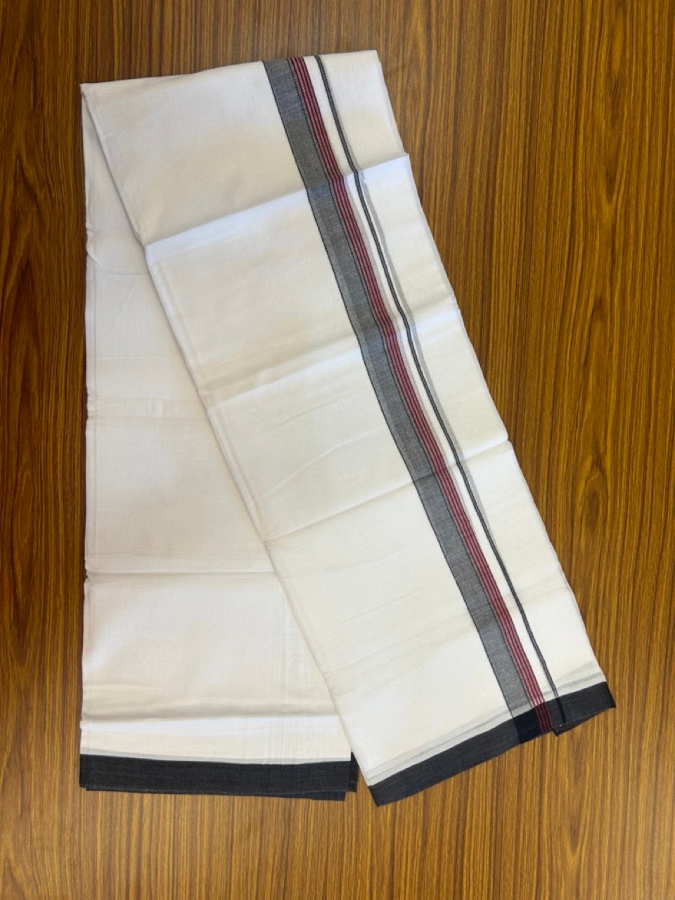 14% Discount ! Kaitharikada Balaramapuram 100% Cotton Pure White Double Mundu/Dothi - 72x72 - 1.25 inch Wine Red & Black Striped Kara 3.65 mtr (8 muzham) - 15 KK5298 SKM