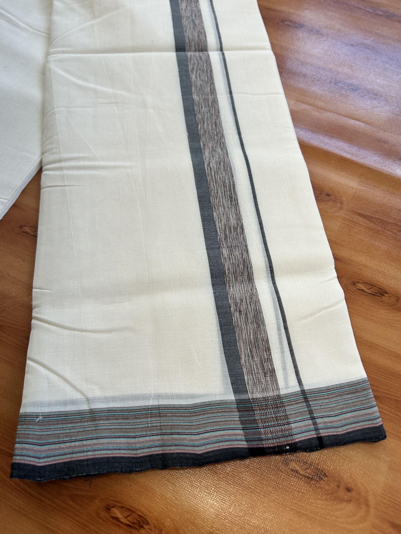 Double Off White (Unbleached) Mundu/Dhoti - 25% Discount!! KaithariKada Handloom Unakkupaav - Kerala Handloom - 100% Pure Cotton - 100x80 - 1.25 inch Ash Black & Multi Colour Shaded Kara 3.80 meter (8 muzham) - 49 KK5436 REA