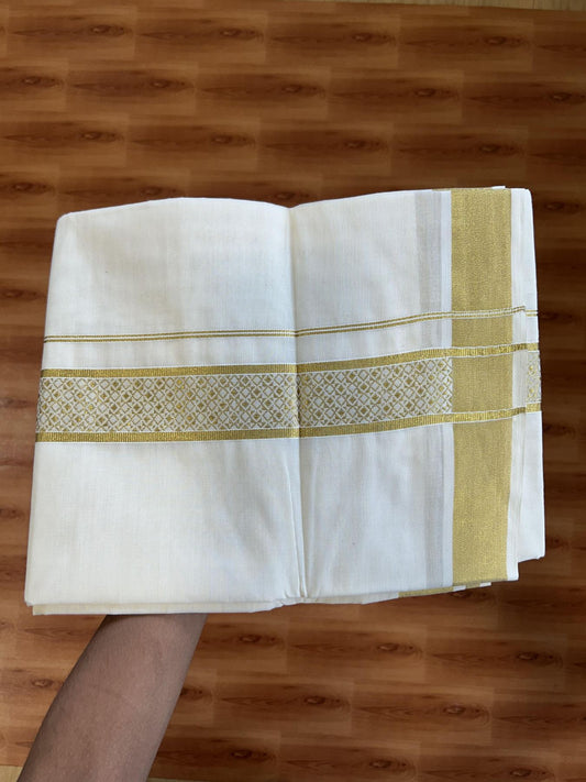 Double Off White - (Unbleached) Mundu/Dhoti - 20% Discount!! Kaitharikada Balaramapuram Pure Cotton - 60s - 1.5 inch Gold Kasav Jacquard Design Kara 4 mtr (8.5 muzham) - 7 KK5395 GAN